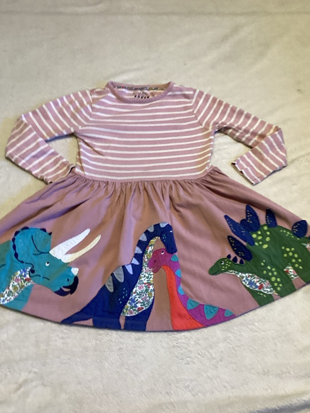 Mini Boden Mauve Striped Top Dress with Colorful Dinosaur Appliqués